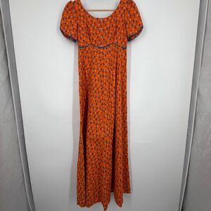 Vintage Liberty House Orange Teal Floral Ditsy Short Sleeve Maxi Dress Sz Small